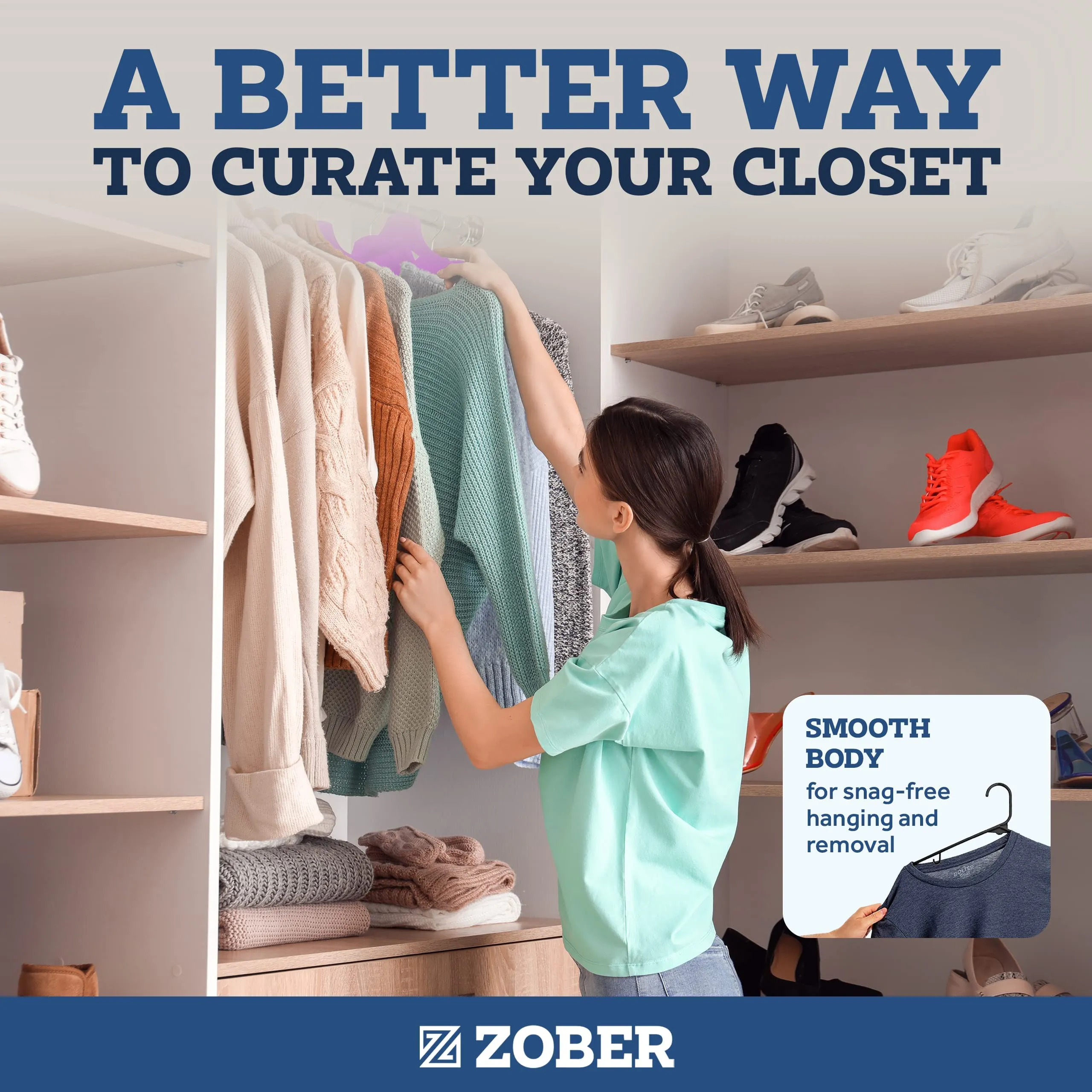 Zober Plastic Hangers 50 Pack - Standard Set of Slim Heavy Duty Clothes Hangers w/Hooks for Coats, Jackets & Pants for Everyday Use, White
