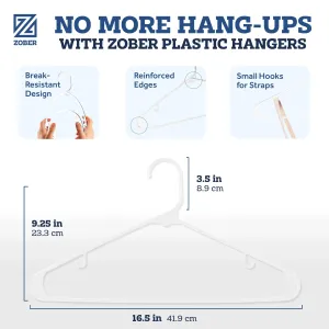Zober Plastic Hangers 50 Pack - Standard Set of Slim Heavy Duty Clothes Hangers w/Hooks for Coats, Jackets & Pants for Everyday Use, White