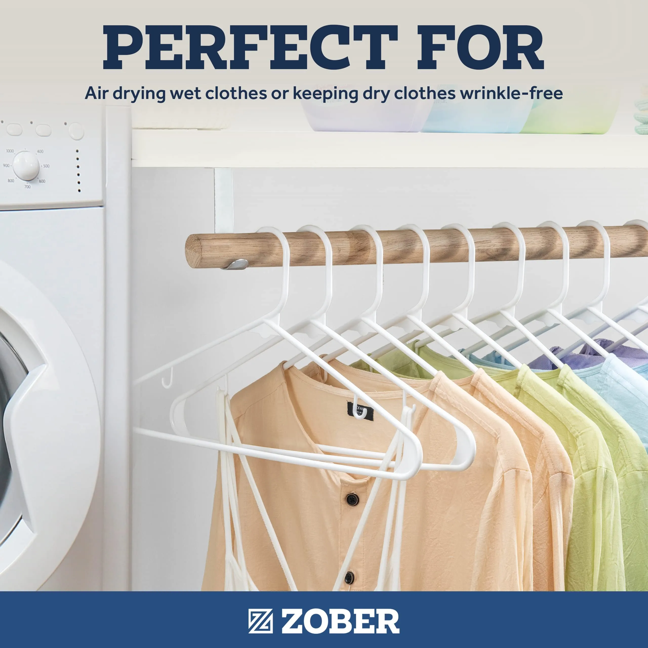 Zober Plastic Hangers 50 Pack - Standard Set of Slim Heavy Duty Clothes Hangers w/Hooks for Coats, Jackets & Pants for Everyday Use, White