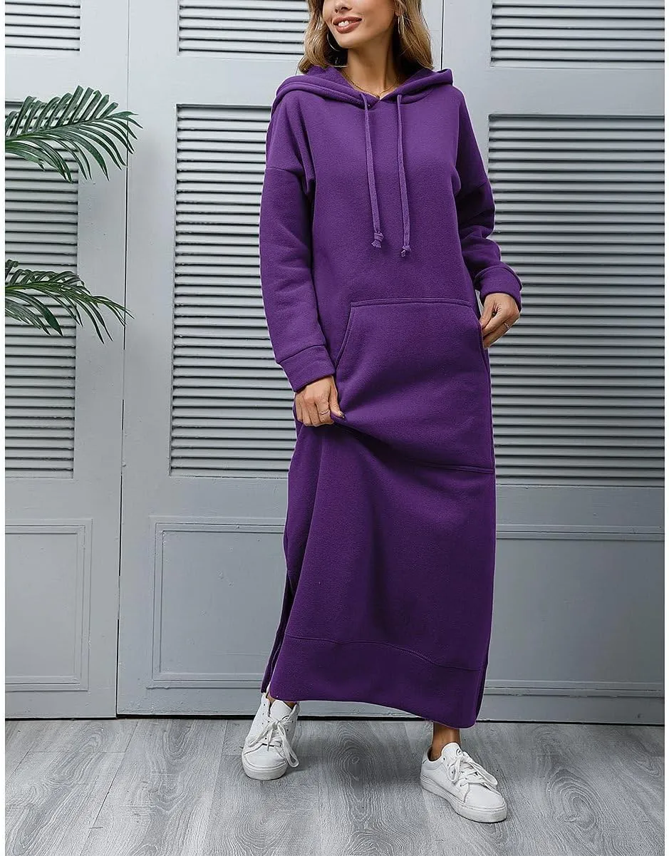 ZOCAVIA Womens Sweatshirt Dress Casual Long Sleeve Drawstring Split Hem Maxi Pullover Hoodie Dresses with Pockets