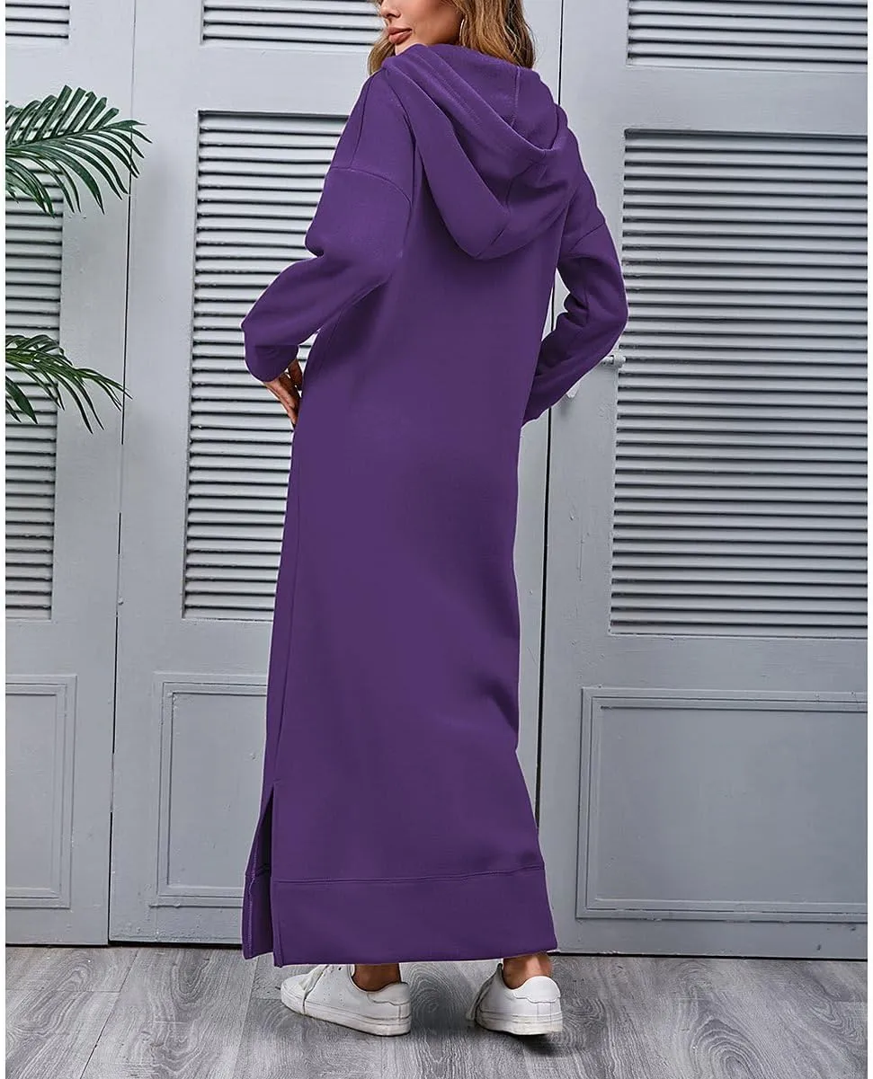 ZOCAVIA Womens Sweatshirt Dress Casual Long Sleeve Drawstring Split Hem Maxi Pullover Hoodie Dresses with Pockets