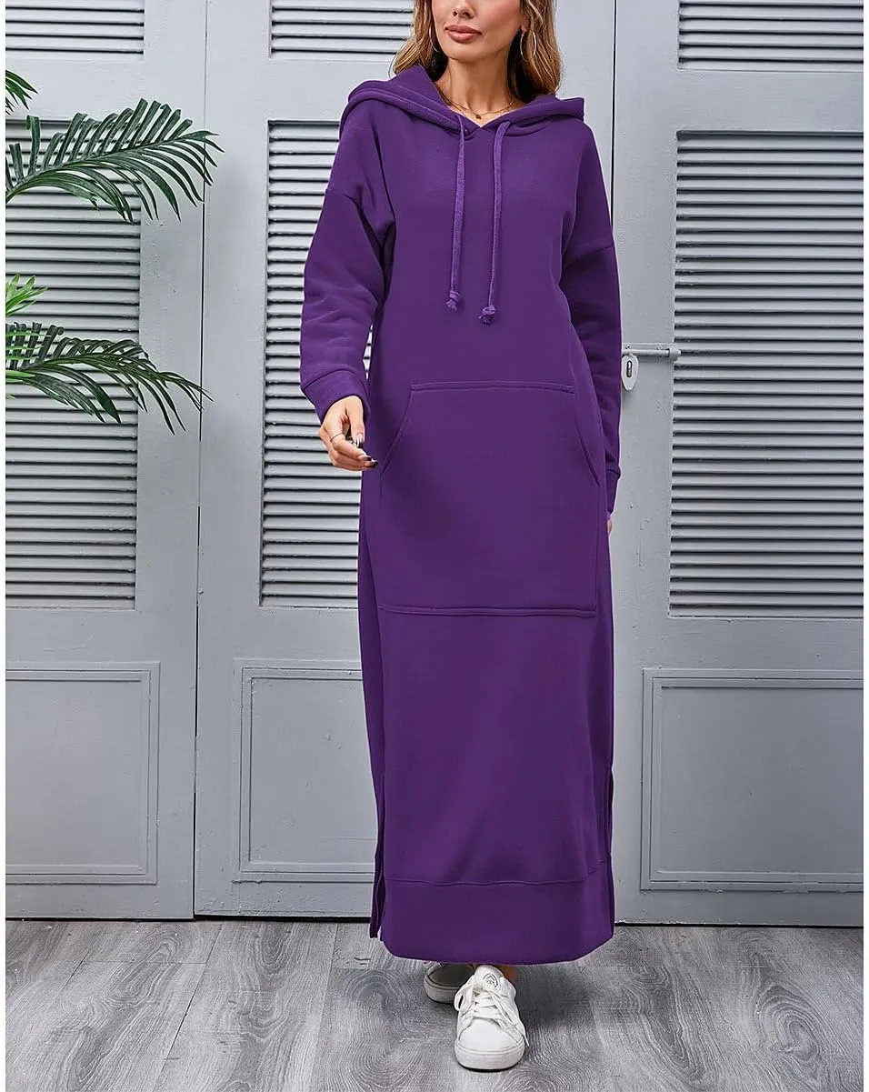 ZOCAVIA Womens Sweatshirt Dress Casual Long Sleeve Drawstring Split Hem Maxi Pullover Hoodie Dresses with Pockets
