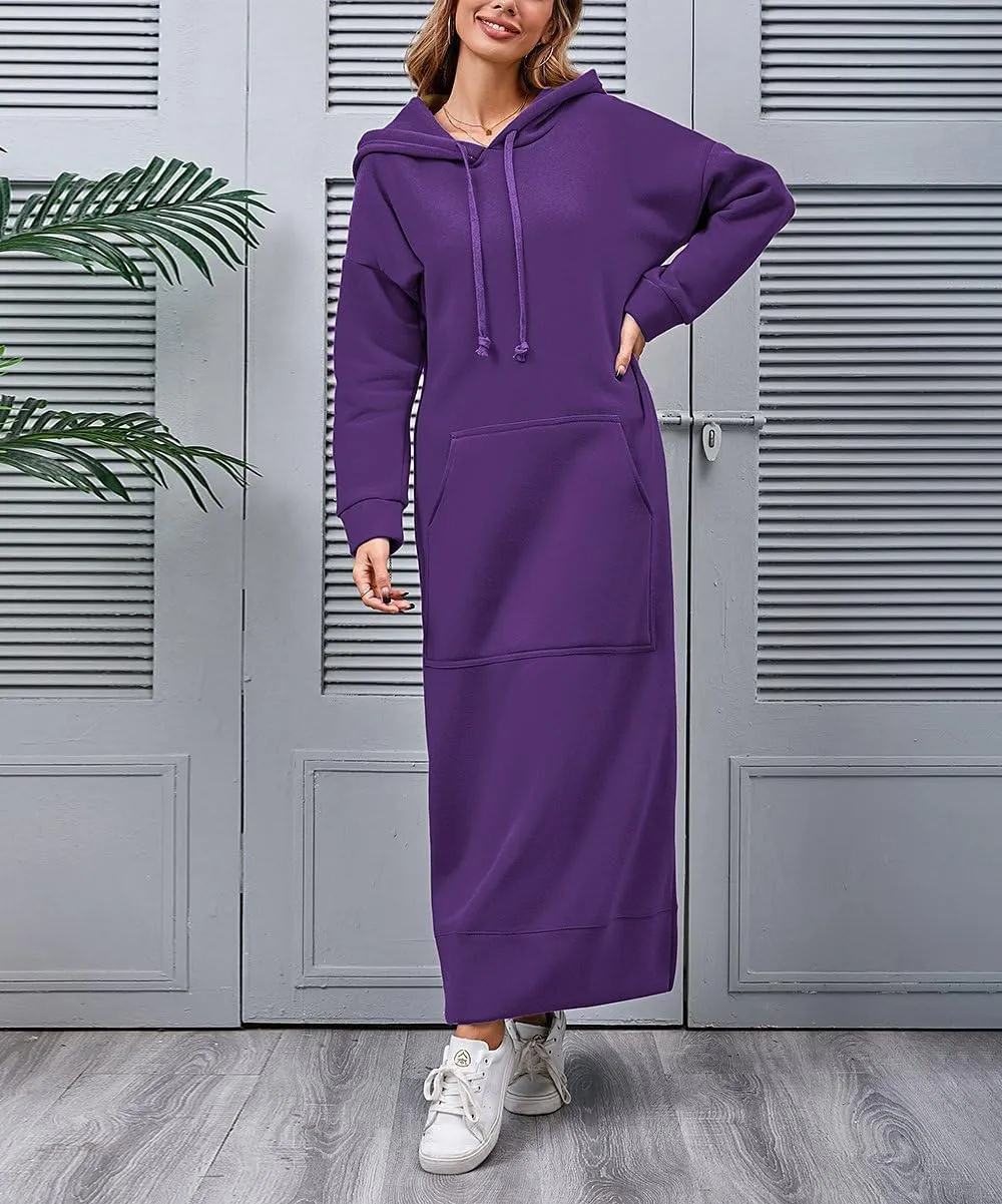 ZOCAVIA Womens Sweatshirt Dress Casual Long Sleeve Drawstring Split Hem Maxi Pullover Hoodie Dresses with Pockets