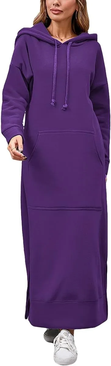 ZOCAVIA Womens Sweatshirt Dress Casual Long Sleeve Drawstring Split Hem Maxi Pullover Hoodie Dresses with Pockets