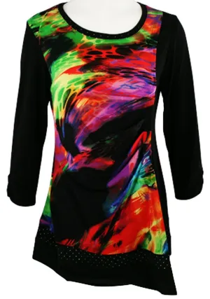 Zoe - Color Whirl, Accented Hem & Collar, Shirred Front, Asymmetric Hem Tunic Top