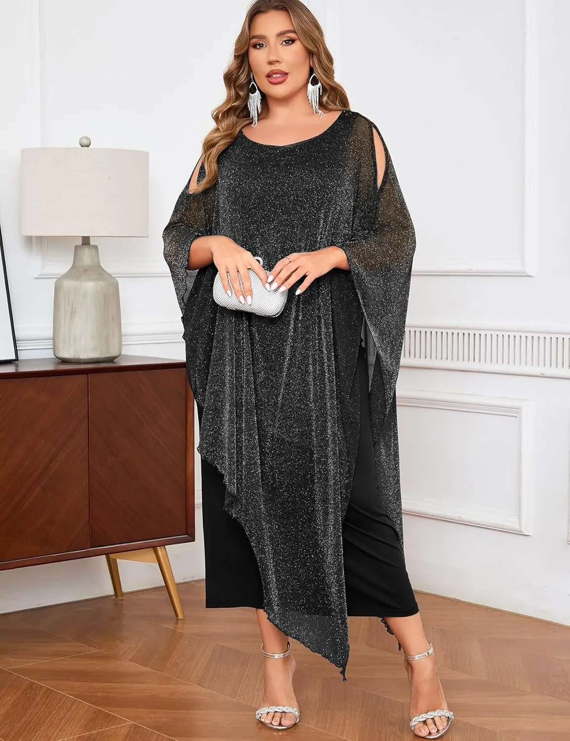 ZOMVA Plus Size Elegant Formal Dress Long Cape Overlay Wedding Guest Formal Cocktail Mother of Bride Outfit