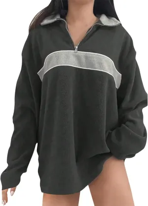 ZWRXW Women's Oversized Half Zip Sweatshirts Color Block Long Sleeve Lapel Pullover Casual Loose Fit Tops Fall Winter Clothes