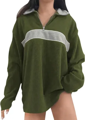 ZWRXW Women's Oversized Half Zip Sweatshirts Color Block Long Sleeve Lapel Pullover Casual Loose Fit Tops Fall Winter Clothes