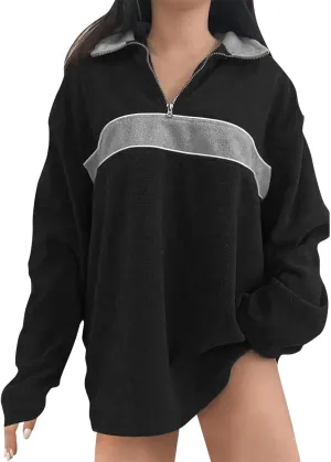 ZWRXW Women's Oversized Half Zip Sweatshirts Color Block Long Sleeve Lapel Pullover Casual Loose Fit Tops Fall Winter Clothes