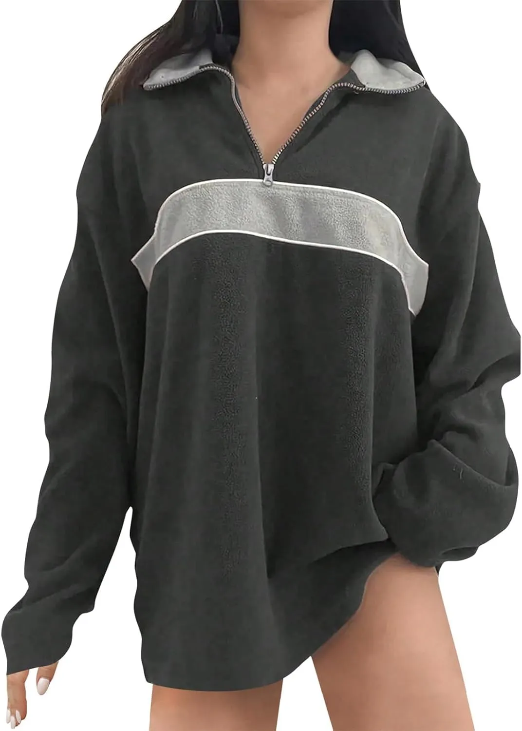 ZWRXW Women's Oversized Half Zip Sweatshirts Color Block Long Sleeve Lapel Pullover Casual Loose Fit Tops Fall Winter Clothes